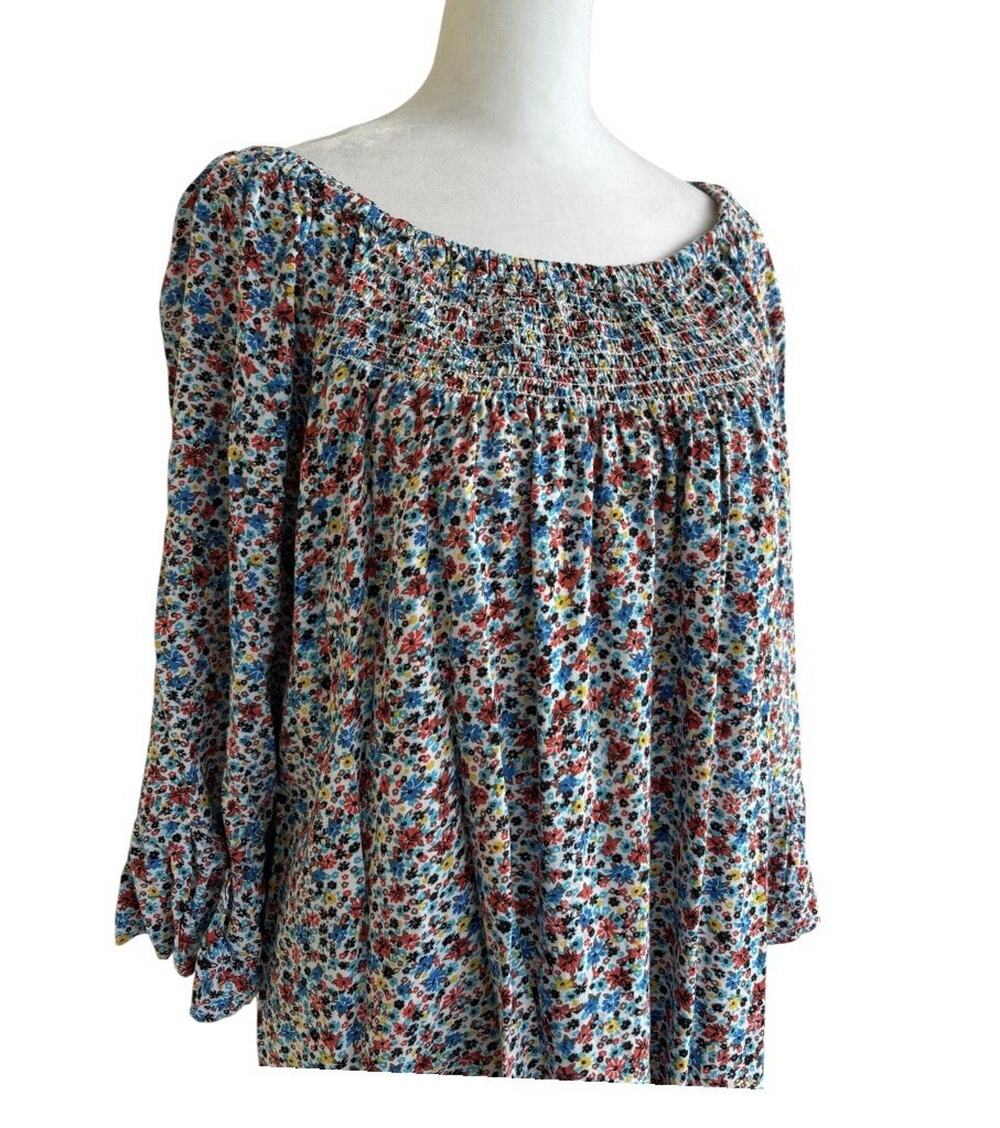 Ninety Clothing Co Floral Smocked Peasant Blouse Boho Top L Off-the-Shoulder